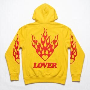 Bianca Chandon Lover Yellow Hoodie Sweatshirt Red Flames 100% Cotton Size Small